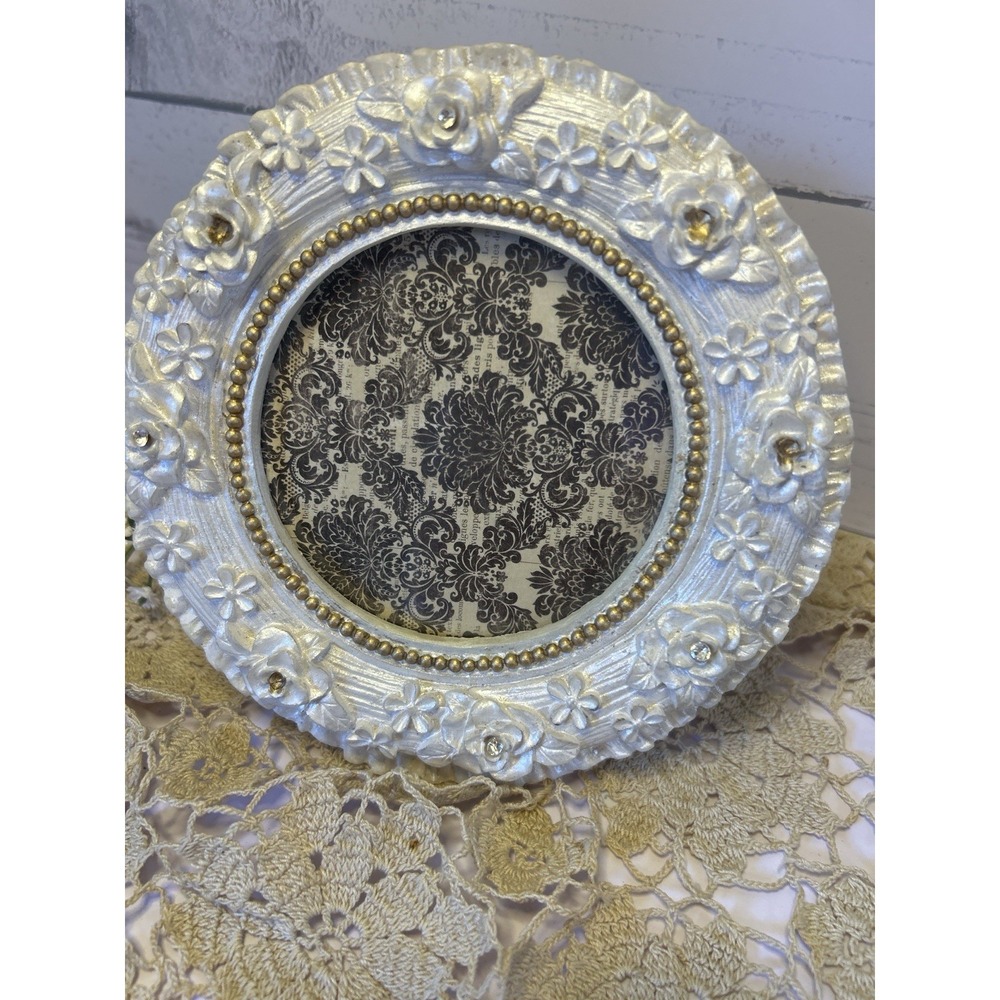 Vtg Style White Floral Round Picture Frame Cottage Decor Rhinestone Gold Accents